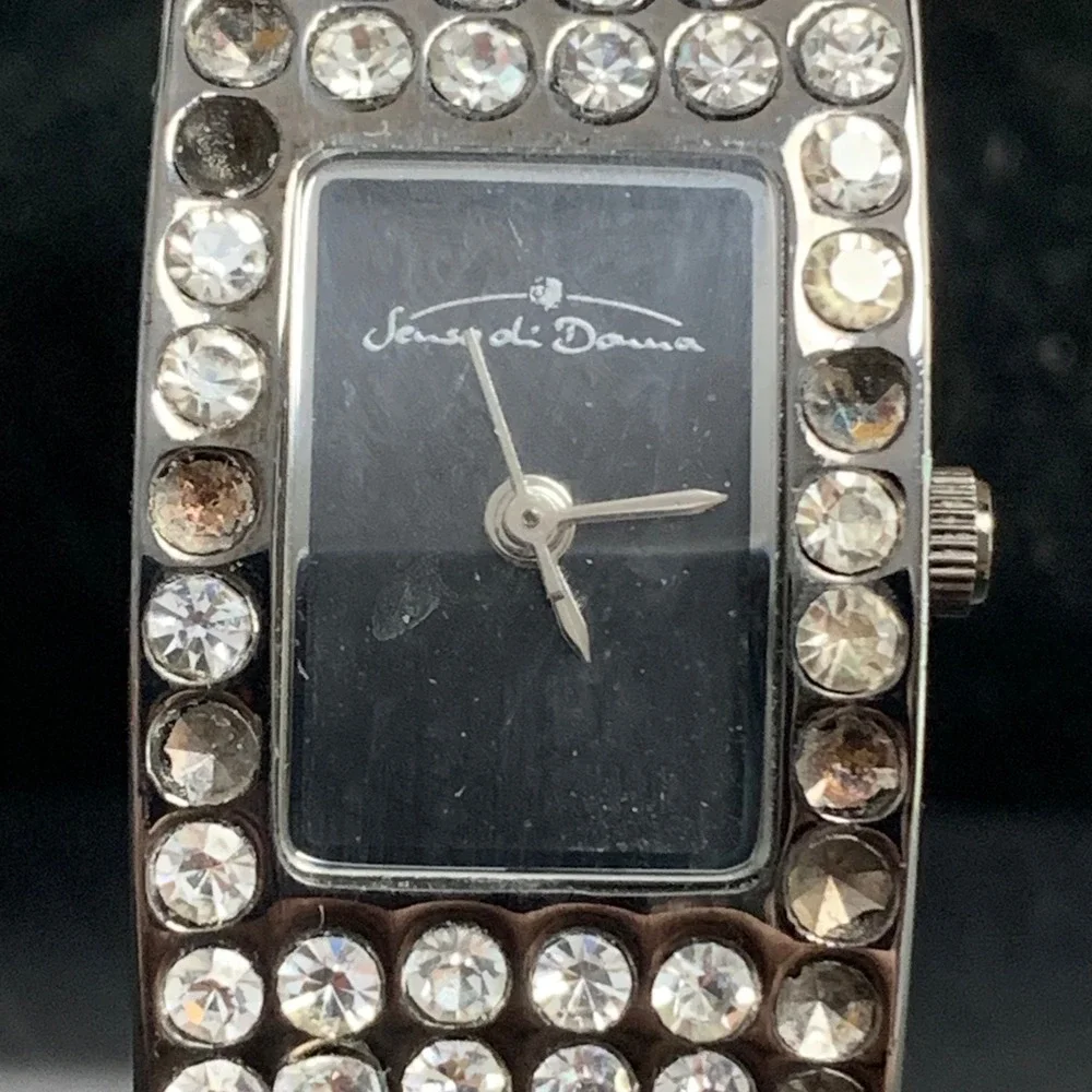 Senso di Donna Rhinestone Bangle Watch Silver Tone Black Dial Quartz Cuff